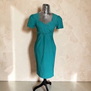 Pinup Couture Rockabilly Rayon Midi Wiggle Dress Puff Sleeve Teal XL Party